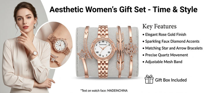 Ande Kleyn Women's Rose Gold Watch and Bracelet Set - 4-Piece Crystal Accent Quartz Dress Watch with Matching Star, Geometric & Snowflake Charm Bracelets - Gift Boxed Jewelry Set for Women