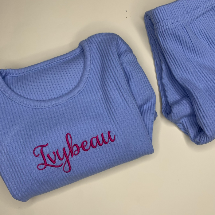 flat lay of Blue Ribbed Childrens Tracksuit