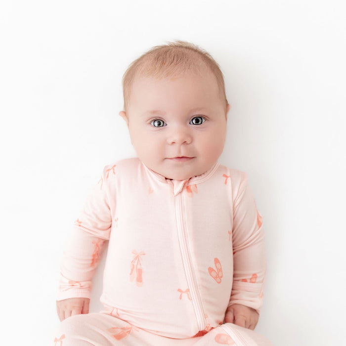 Ballerina print bamboo baby footie, detail view