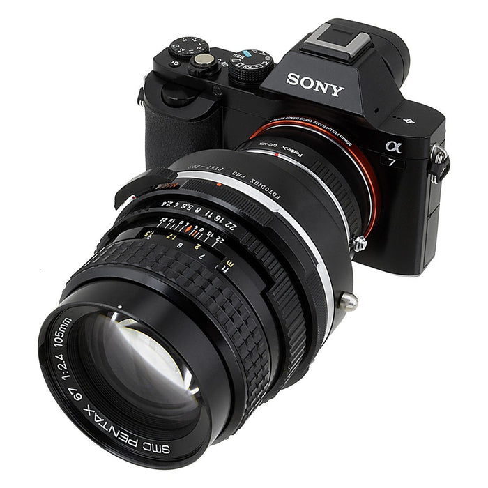 Fotodiox Pro Lens Mount Double Adapter - Pentax 6x7 (P67, PK67) Mount SLR Lens to Sony Alpha E-Mount Mirrorless Camera Body