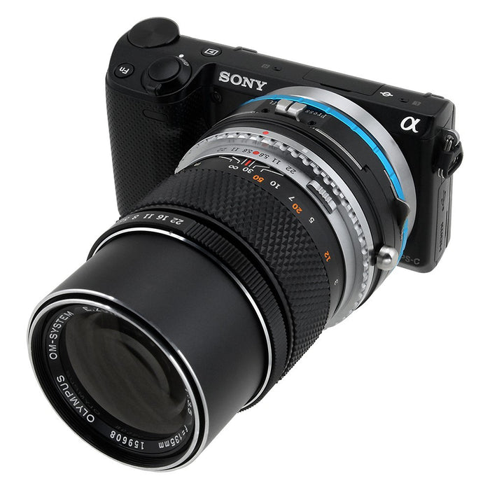 Fotodiox Pro Lens Mount Shift Double Adapter - Olympus Zuiko (OM) 35mm SLR Lens to Sony Alpha E-Mount Mirrorless Camera Body