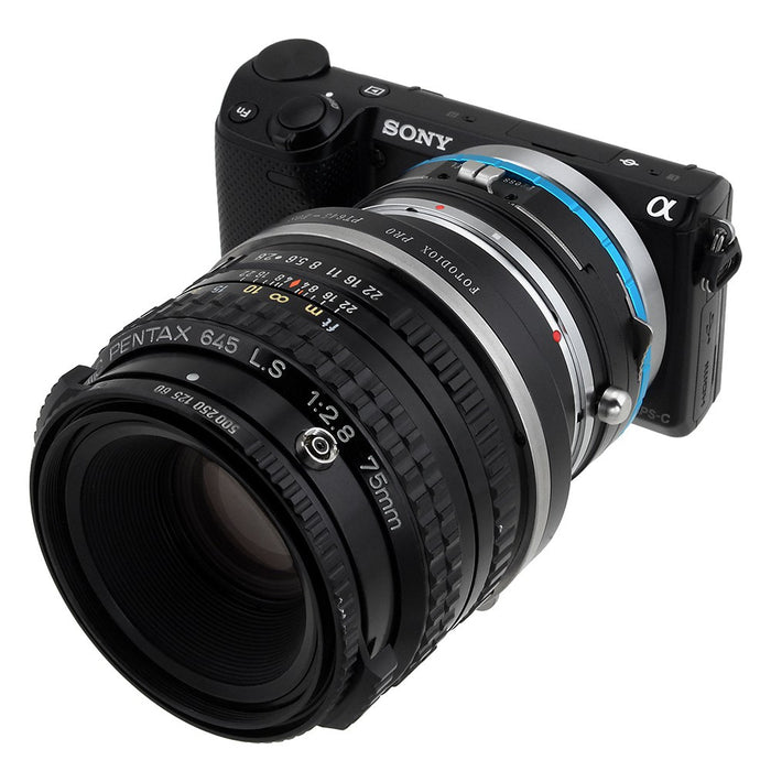 Fotodiox Pro Lens Mount Shift Double Adapter - Pentax 645 (P645) Mount SLR Lens to Sony Alpha E-Mount Mirrorless Camera Body