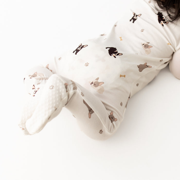 French bulldog print bamboo baby pajama footie, flat lay