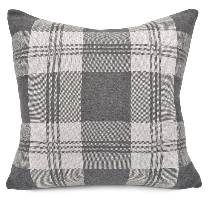 A gray plaid throw pillow without an insert.