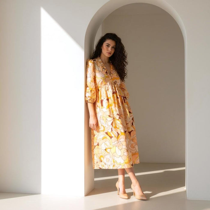 Liberty London Boho Midi Botanical Dress, Ruffle V-neck Collar 3/4 Puffy Sleeves Handmade Dress
