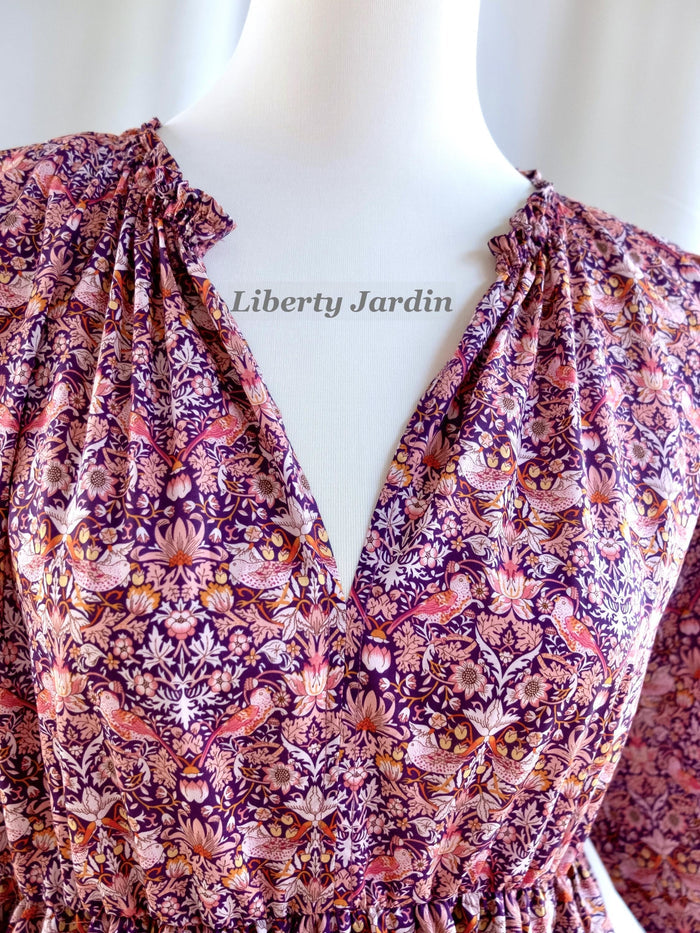 Liberty London V-neck Three-quarter Sleeves Smock Dress, Customised Tailoring Womenswear, Sustainable Botanical Personalised Clothing
