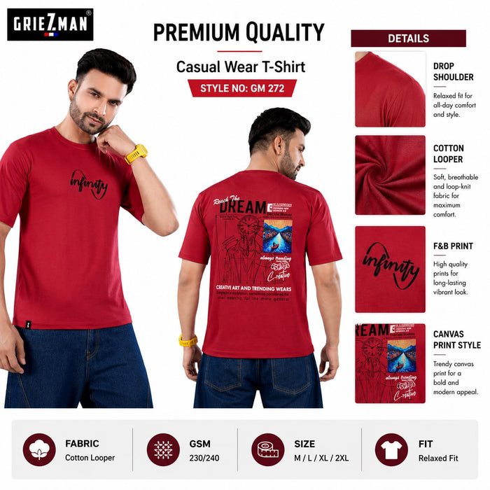 Men's Oversized Drop Shoulder Cotton Looper T-Shirt | Front & Back Canvas Print | Half Sleeve Round Neck | Casual Graphic Tee - ANS Billion