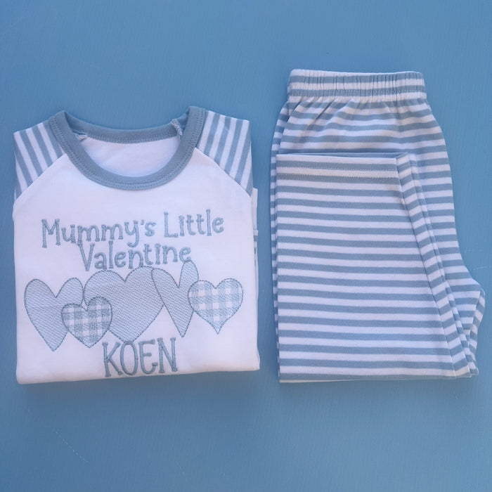 Mummy’s little valentines embroidered into blue stripe pyjamas with a 5 heart design underneath