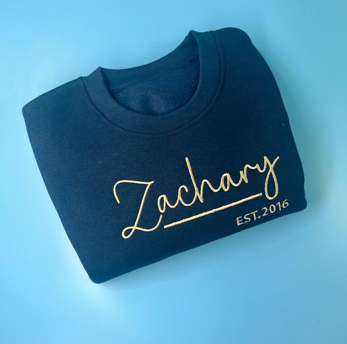 Navy jumper with beige font