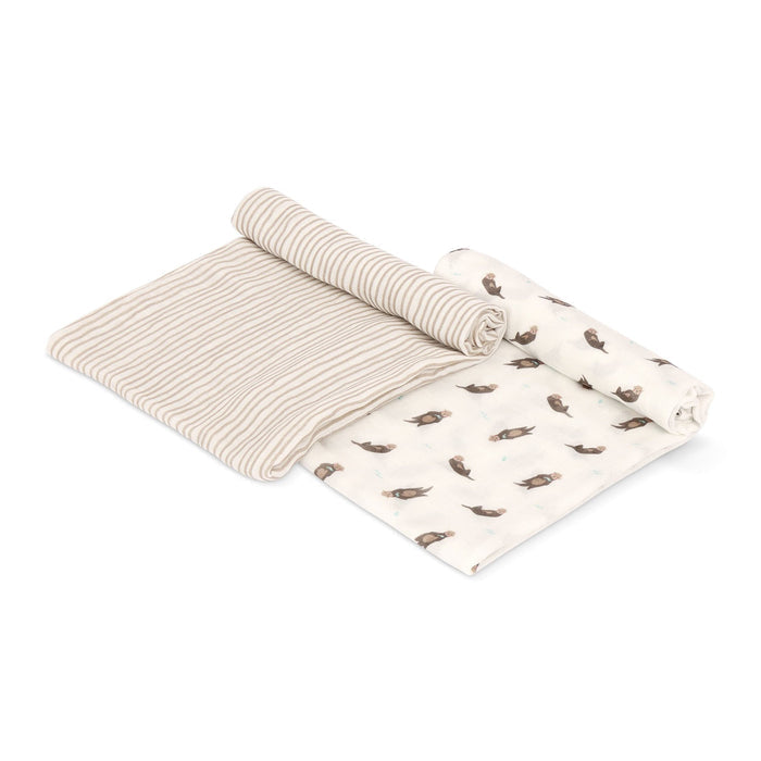 Bamboo cotton muslin swaddle blankets with otter and wave print