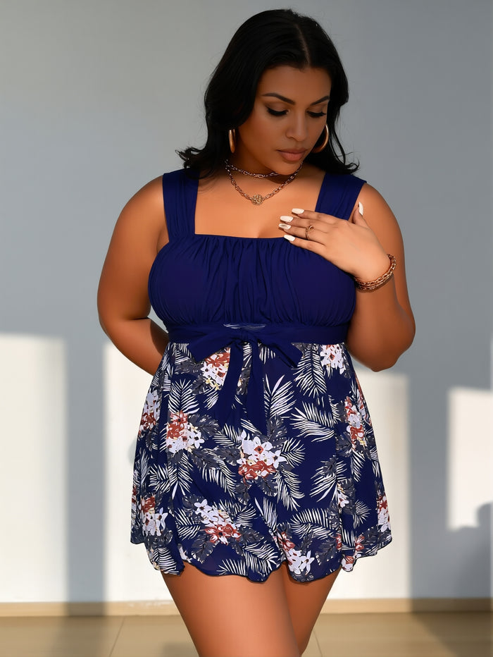PLUS SIZE Women Printed Two Piece Tankini Swimsuits Tummy Control Swim Dress High Waisted Boyshort with Pockets