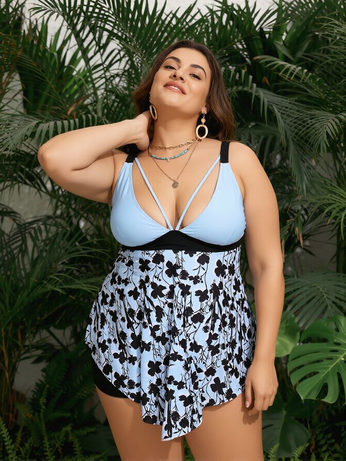 PLUS SIZE Women's Tankini Swimsuits Tummy Control Two Piece Bathing Suit V Neck Tie Front Flowy Swim Top with Bottom