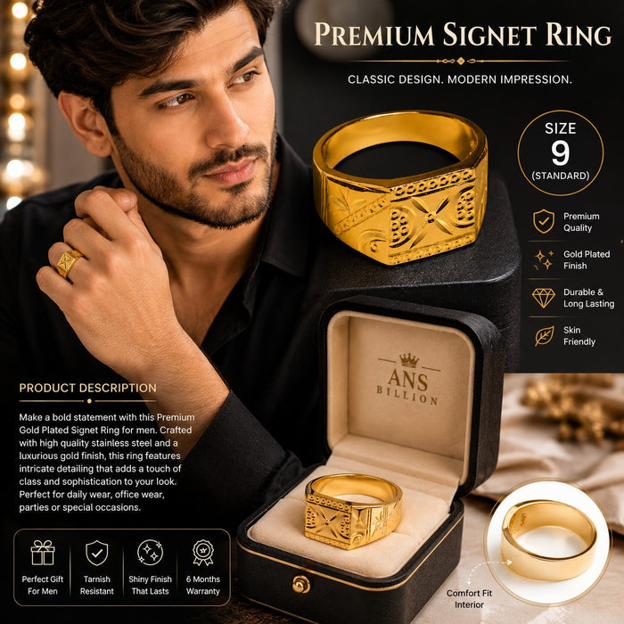 Premium Gold Finish Designer Ring for Men | Classic Engraved Statement Band