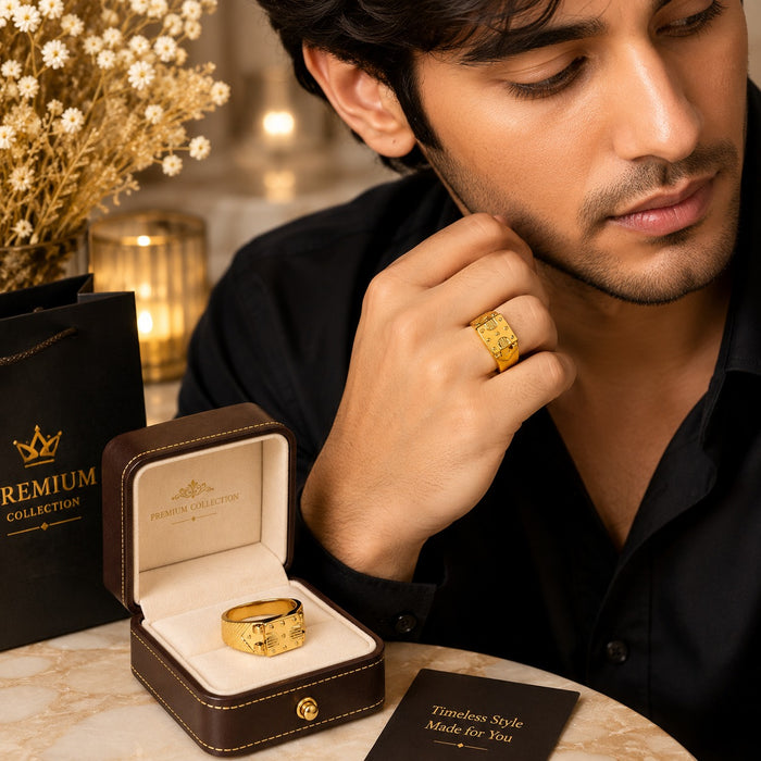 Premium Gold Finish Designer Ring for Men | Classic Engraved Statement Band