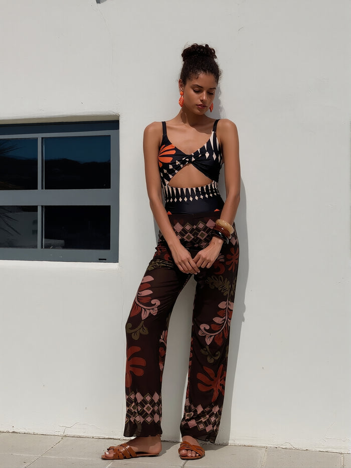 Two Piece Sets for Women Sexy Printing Halter Bandage Top Long Straight Pants Vacation Outfits Beach