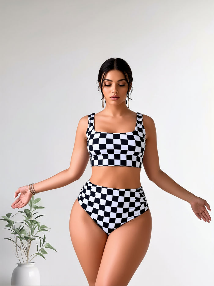 Women High Waisted Bikini Sets Color Block Summer Beach Vacation 2 Piece Bathing Suit Tummy Control Swimsuit