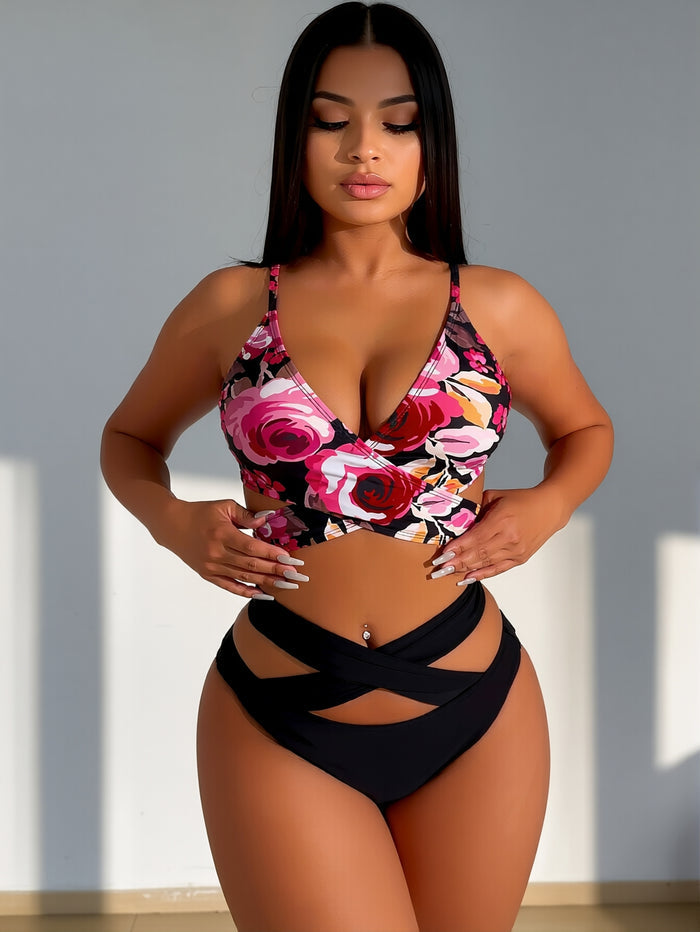 Women Mesh High Waisted Bikini Set Sexy V Neck Tummy Control Swimsuit Bathing Suit