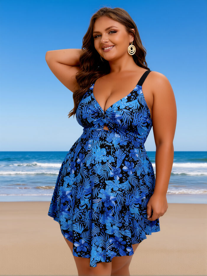 Women Plus Size One Piece Swim Dress Tummy Control Swimsuits Twist Front Bathing Suit Body Shaping Swimwear