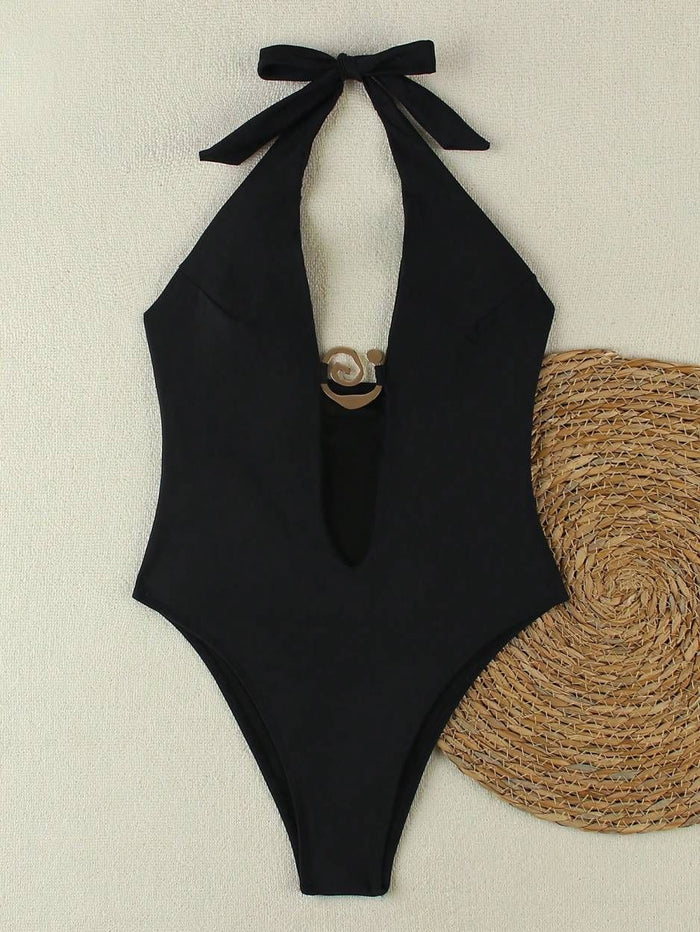 Women Tummy Control One Piece Swimsuit Deep V Neck Design with Metal Rings Bathing Suit for Women