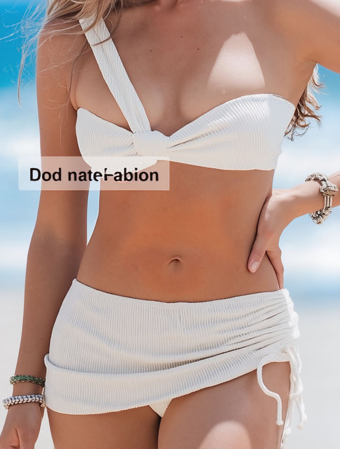 Women's 3 Piece One Shoulder Textured High Cut Bikini Set with Tie Side Cover Ups