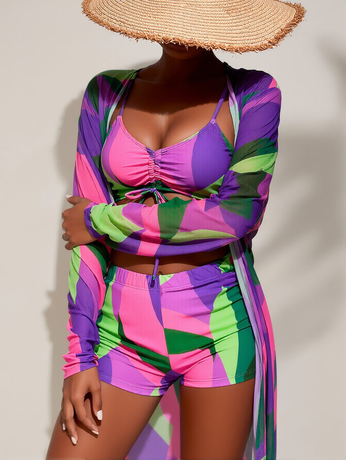 Women's 3 Piece Swimsuits Sexy Bikini Sets Triangle Bathing Suit Tropical Beach Cover up Kimono Swimwear