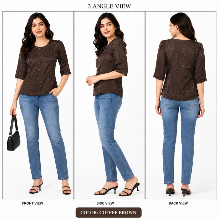 Women’s Brown Printed Front-Button Top