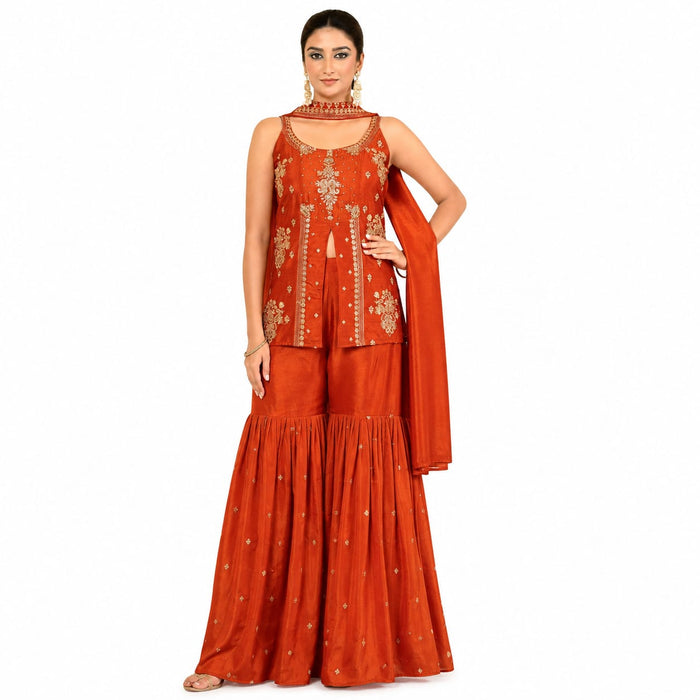 Women's Embroidered Slub Satin Kurta Sharara Set with Dupatta