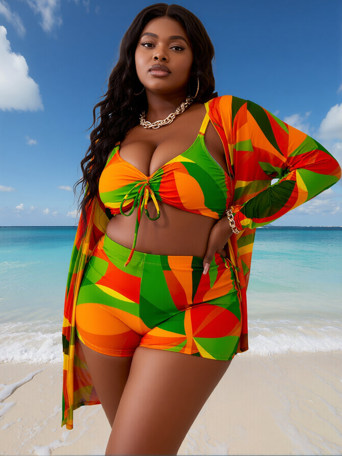 Women's Plus Size Bathing Suit 3 Piece Bikini Set Tie Front High Waisted Swimsuit with Cover Up Swim Shorts Set