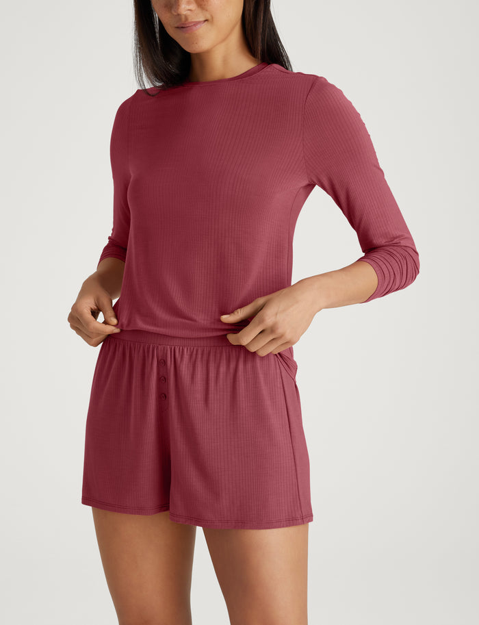 Women's Second Skin Luxe Rib Long Sleeve Crew Neck & Short Set::Earth Red Luxe