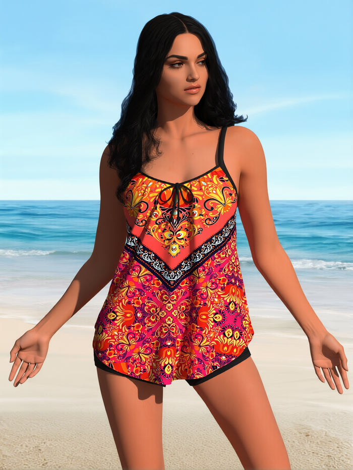Women's Tankini Swimsuits Two Piece Tummy Control Bathing Suit Modest Swim Top with Shorts Plus Size Swimwear