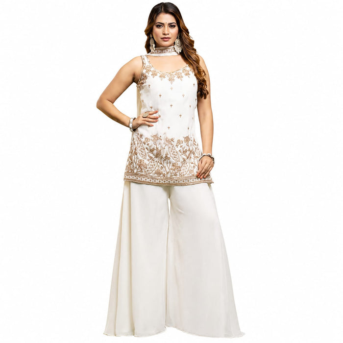 Women's White Kurta Palazzo Dupatta Set