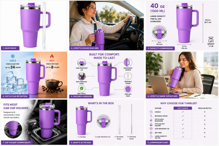 1L Purple Insulated Tumbler with Straw