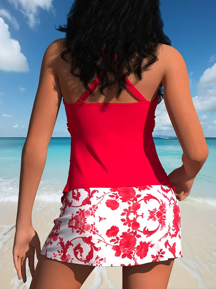 2 Piece Swimsuits for Women Halter Tankini Top with Skirt Bottom Tummy Control Bathing Suit