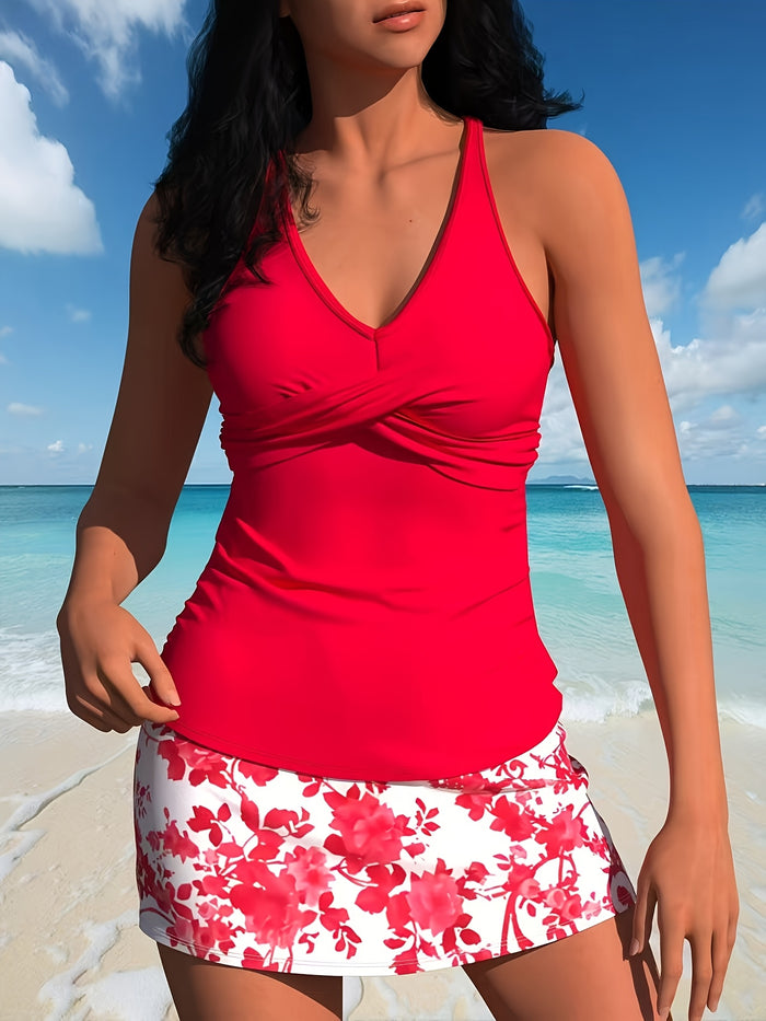 2 Piece Swimsuits for Women Halter Tankini Top with Skirt Bottom Tummy Control Bathing Suit