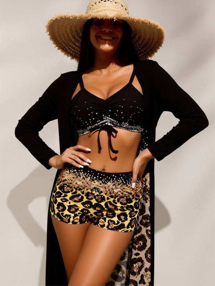 3 Piece Outfits for Women Sheer Mesh Chiffon Shirts Cardigan Sexy Bikini Crop Top Short Set Summer Beach Swimsuits