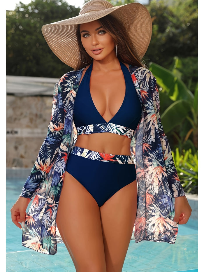 3 Piece Swimsuit with Cover Up Sexy Triangle Bikini Set Bathing Suit Beach Coverup
