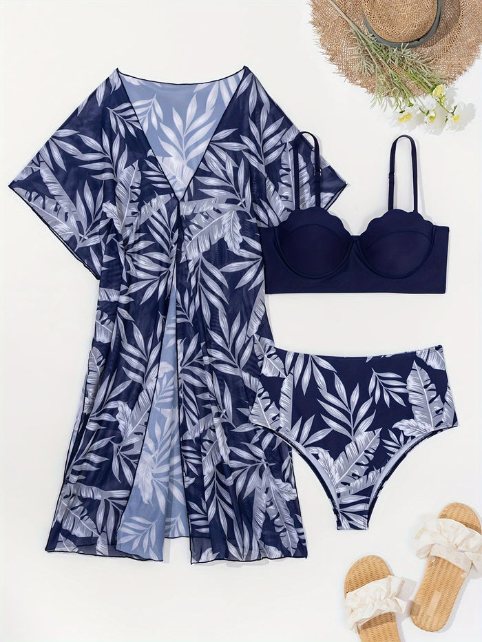 3 Piece Swimsuits for Women Sexy Leaf Print Bikini Set Mesh Cover Up Tropical Swimsuits