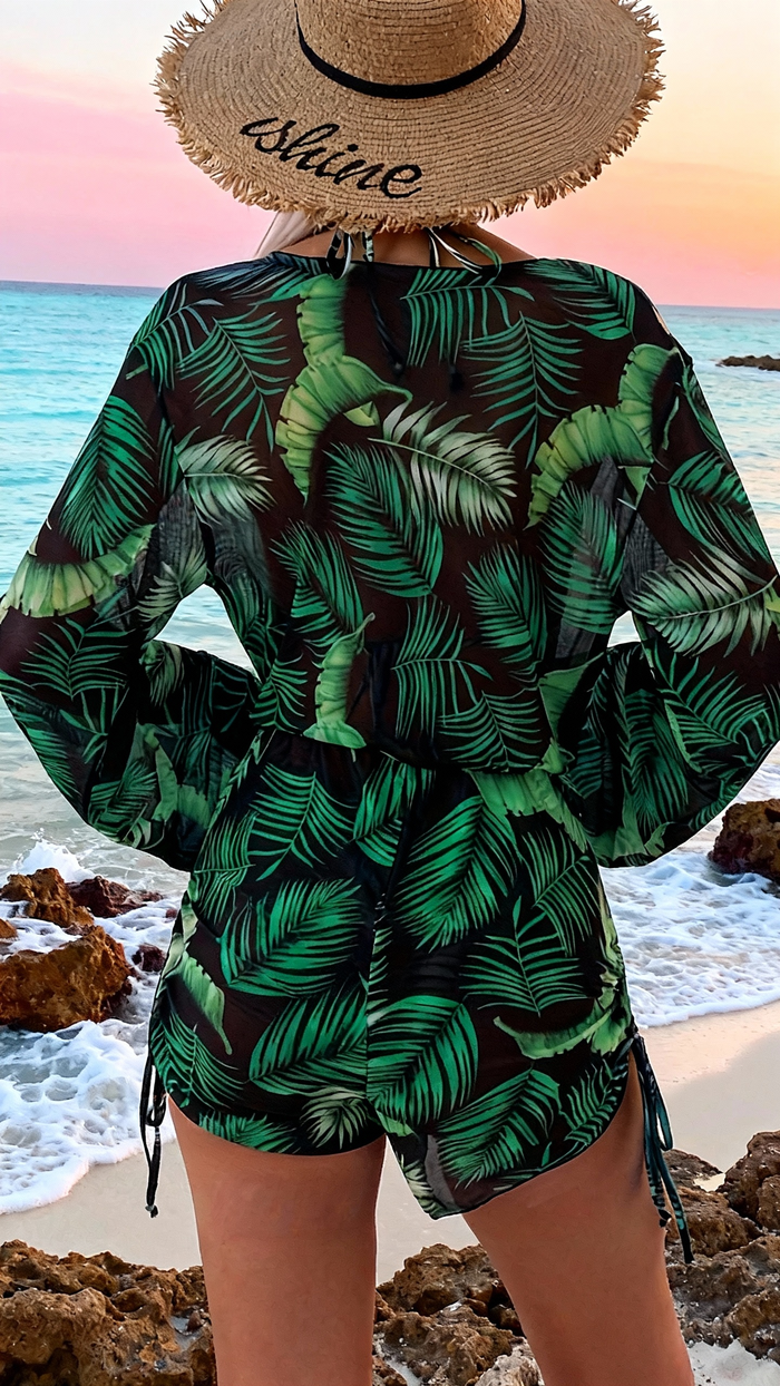 3 Piece Swimsuits for Women Sexy Leaf Print Bikini Set Mesh Cover Up Tropical Swimsuits