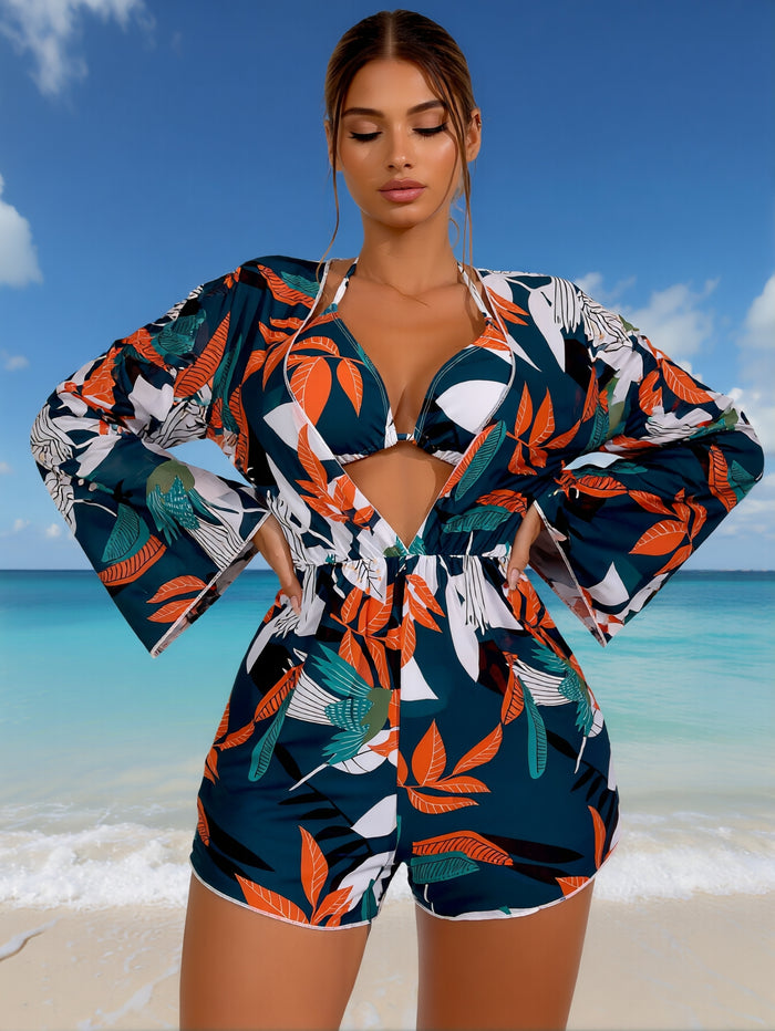 3 Piece Swimsuits for Women Sexy Leaf Print Bikini Set Mesh Cover Up Tropical Swimsuits