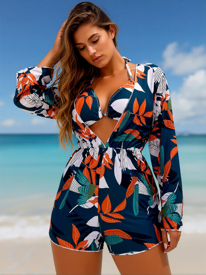3 Piece Swimsuits for Women Sexy Leaf Print Bikini Set Mesh Cover Up Tropical Swimsuits