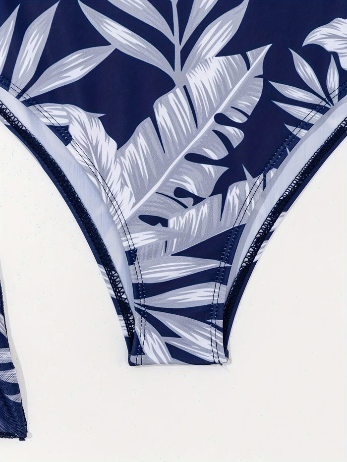 3 Piece Swimsuits for Women Sexy Leaf Print Bikini Set Mesh Cover Up Tropical Swimsuits