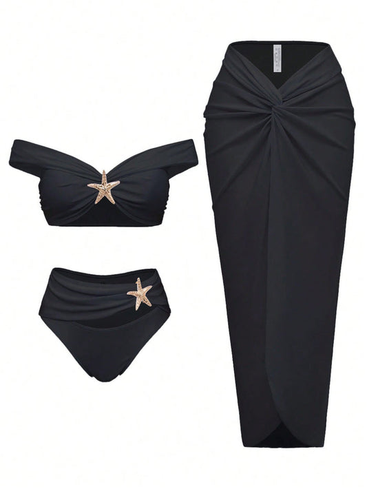 3 Piece Swimsuits for Women Sexy Summer Gold Off-Shoulder Bikini Sets Cover Up Skirt Bathing Suit