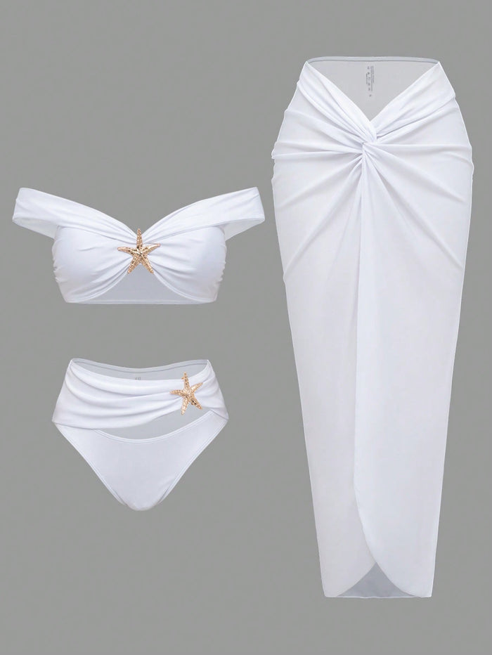 3 Piece Swimsuits for Women Sexy Summer Gold Off-Shoulder Bikini Sets Cover Up Skirt Bathing Suit