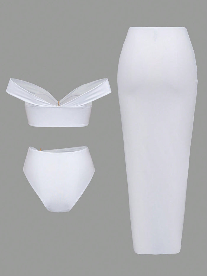 3 Piece Swimsuits for Women Sexy Summer Gold Off-Shoulder Bikini Sets Cover Up Skirt Bathing Suit