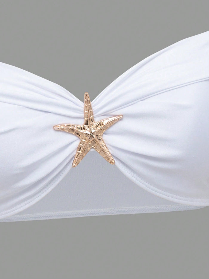 3 Piece Swimsuits for Women Sexy Summer Gold Off-Shoulder Bikini Sets Cover Up Skirt Bathing Suit