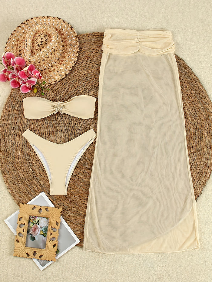 3pcs Bikini Swimsuits Bandeau 3 Piece Swimwear High Cut Bikini Sets with Long Sheer Coverup Dress