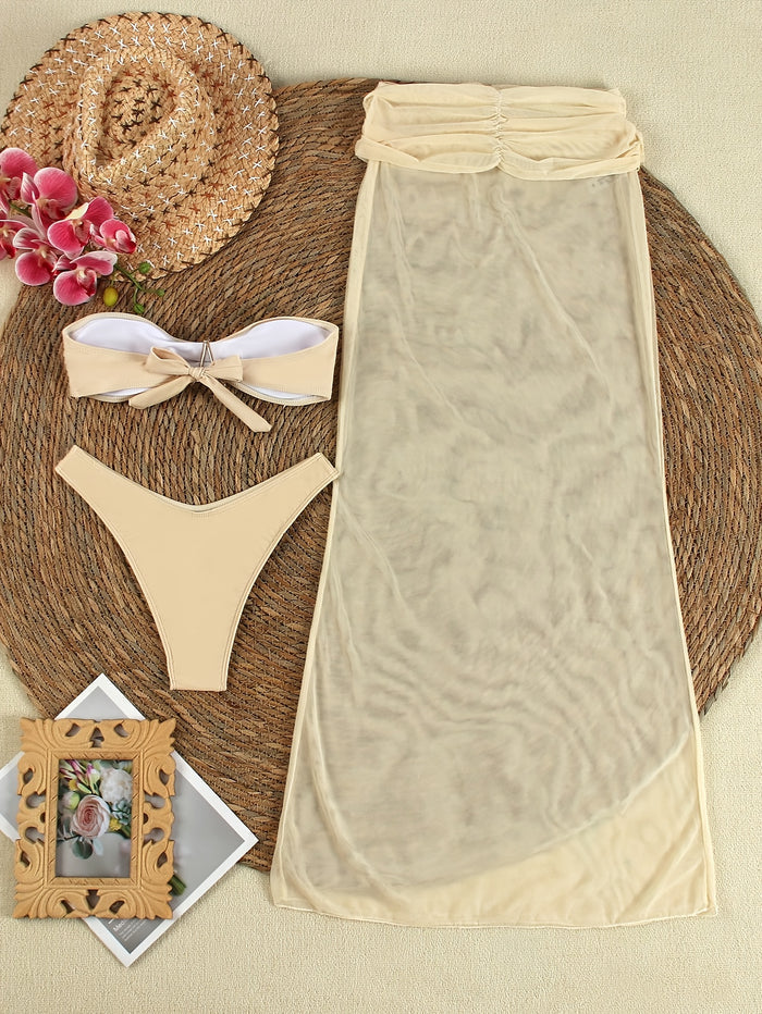 3pcs Bikini Swimsuits Bandeau 3 Piece Swimwear High Cut Bikini Sets with Long Sheer Coverup Dress