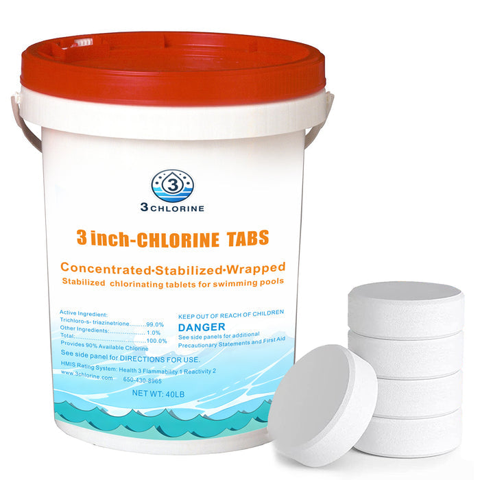 40 lb Chlorine Tablets 3 Inch for Swimming Pools, Kills Bacteria and Stops Algae, Slow Dissolving, Individual