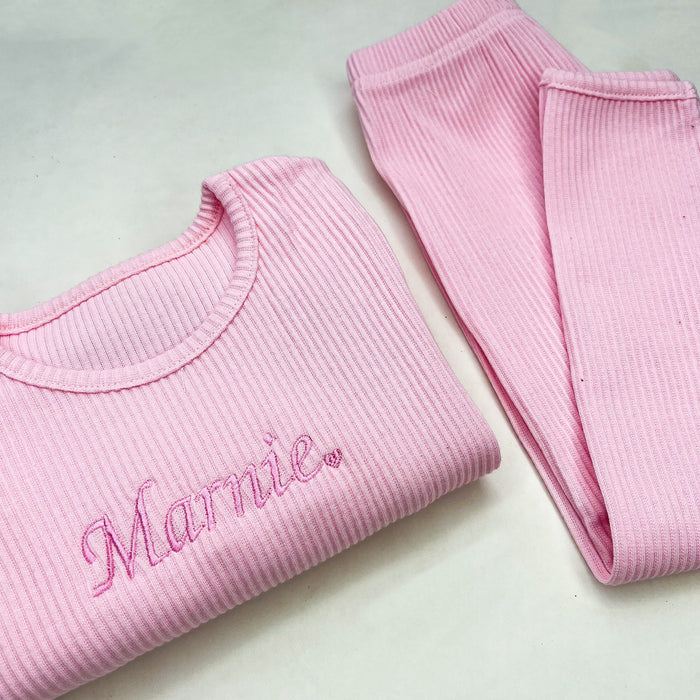 Flay lay of Baby Pink Ribbed Childrens Tracksuit