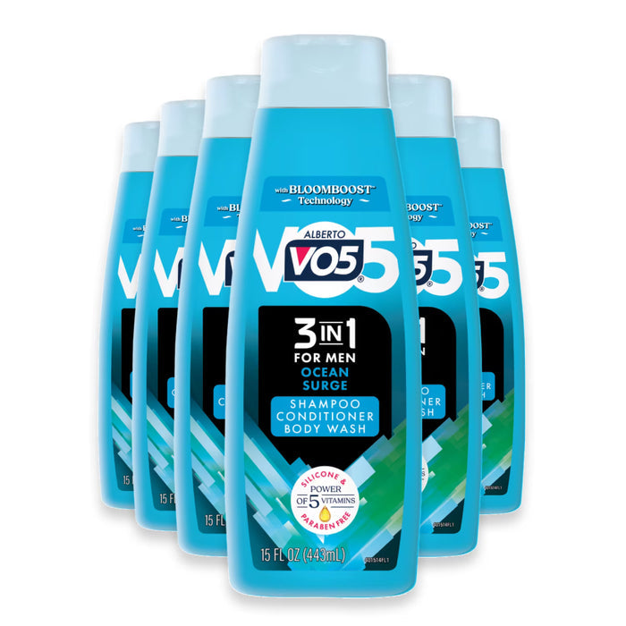 Alberto VO5 Men Ocean Surge 3-in-1 Shampoo Conditioner & Body Wash 15 oz - 6 Pack